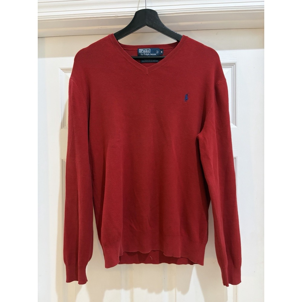 Polo Ralph Lauren Men Red Pima Cotton V-Neck Sweater Size M Classic Pony Logo